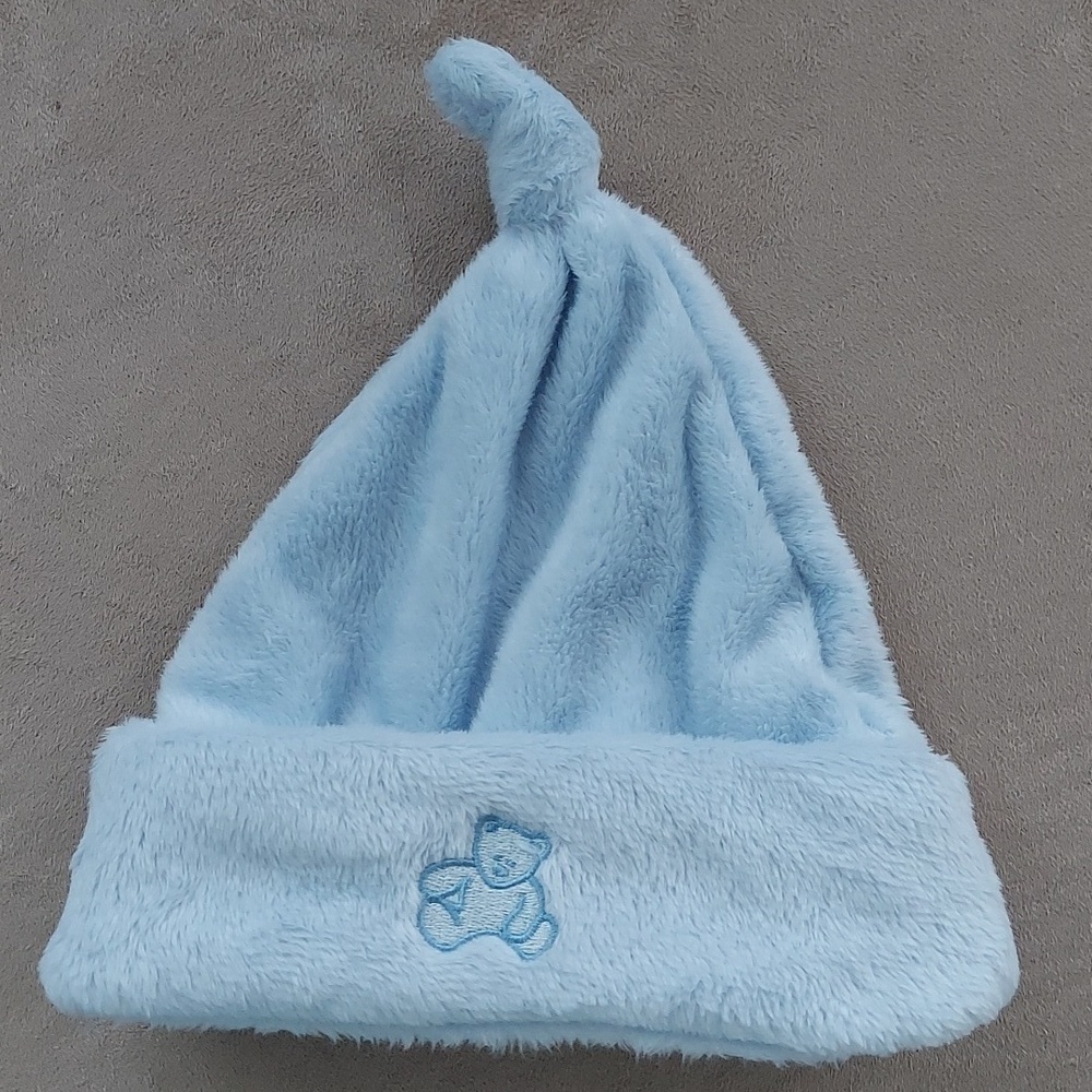 Fuzzy top knot beanie cap blue bear - new born